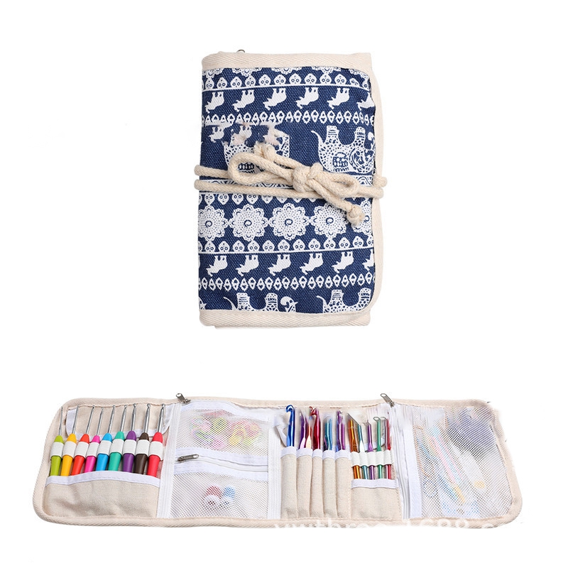 Häkelnadel-Etui blau– Organizer-Tasche für Strick- & Häkelzubehör aus Stoff 19x12cm 