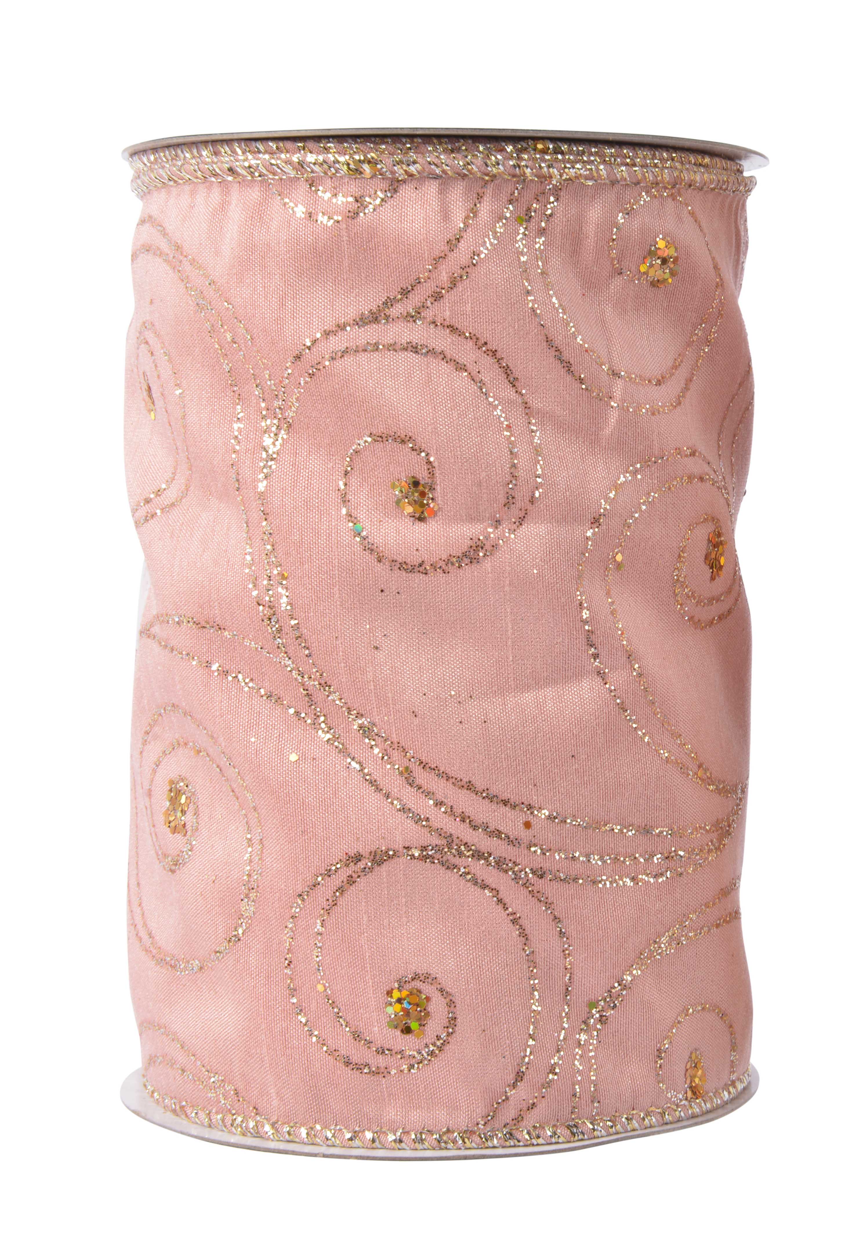 Stoffband rosa mit Drahtkante Ornamente gold Glitter 12,7x270cm