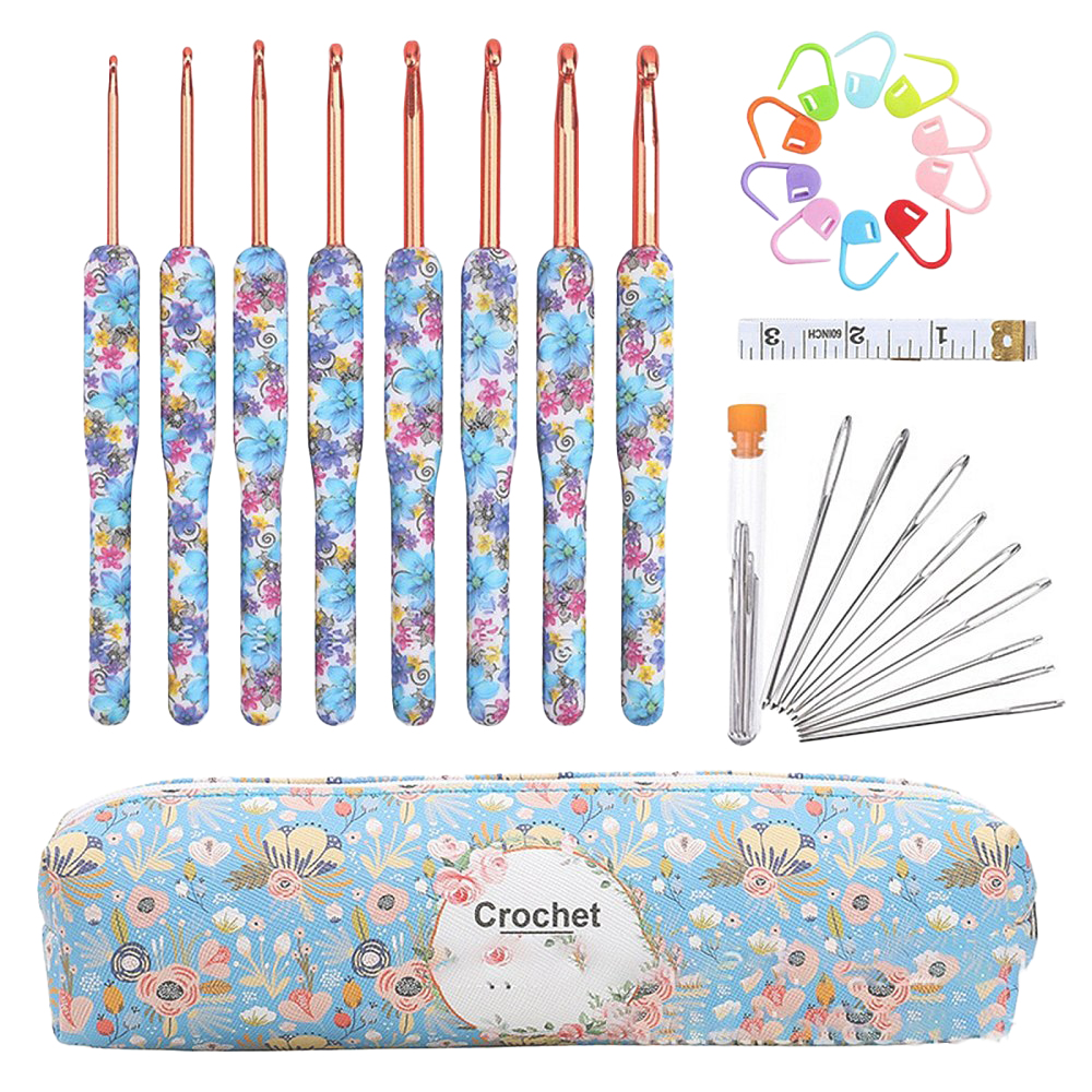 Häkelnadel-Set mit Zubehör & Aufbewahrung – 8 ergonomische Häkelnadeln (2,5–6 mm), Maßband, Stopfnadeln, Maschenmarkierer & Tasche in Kornblumenblau