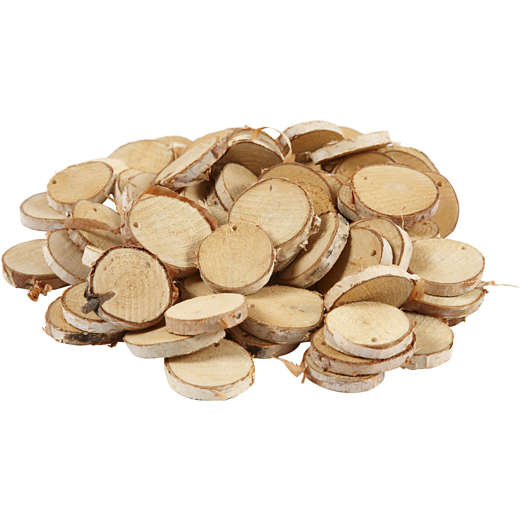 Holzscheiben mit Loch, 35-45mm, 4mm Lochbohrung, 7mm dick, 500g/Pkg. Holzscheiben mit Loch, 35-45mm, 4mm Lochbohrung, 7mm dick, 500g/Pkg.