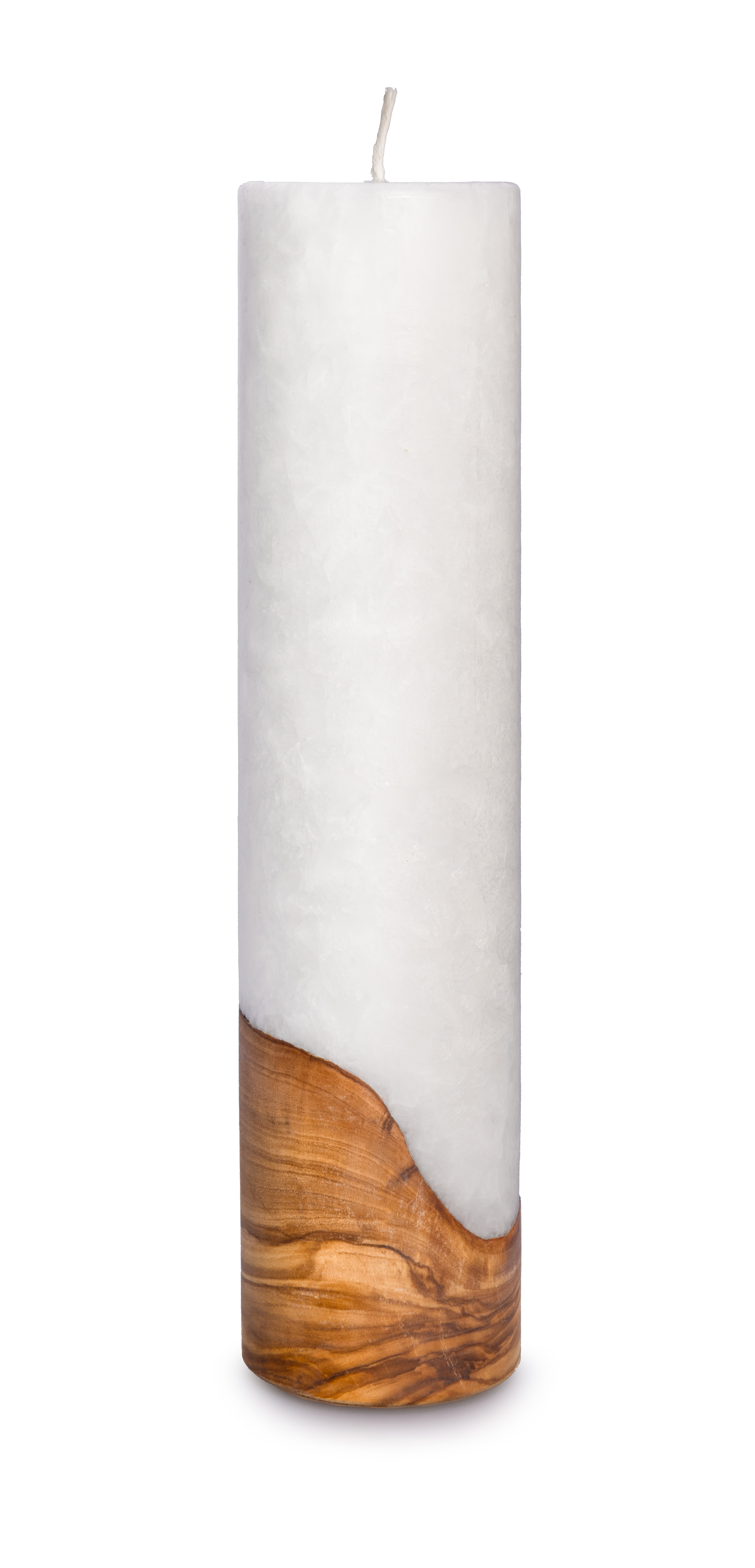 Stumpenkerze Stearin 25x6cm mit echtem Olivenholzstück und Kristalloptik Stumpenkerze Stearin 25x6cm mit echtem Olivenholzstück und Kristalloptik