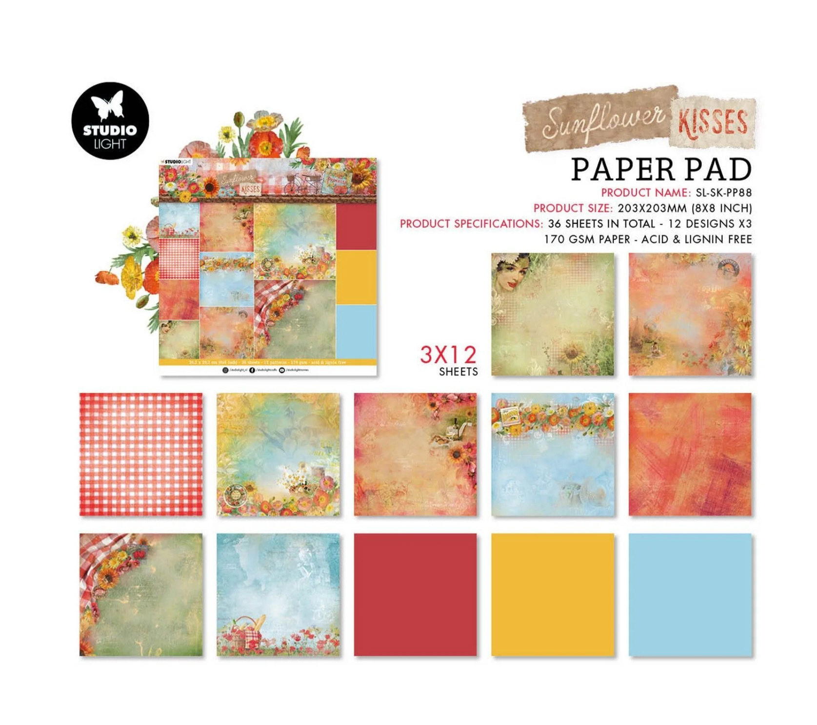 Studio Light  Sunflower Kisses Paper Pad Background Paper 20,3x20,3cm 36 Blatt