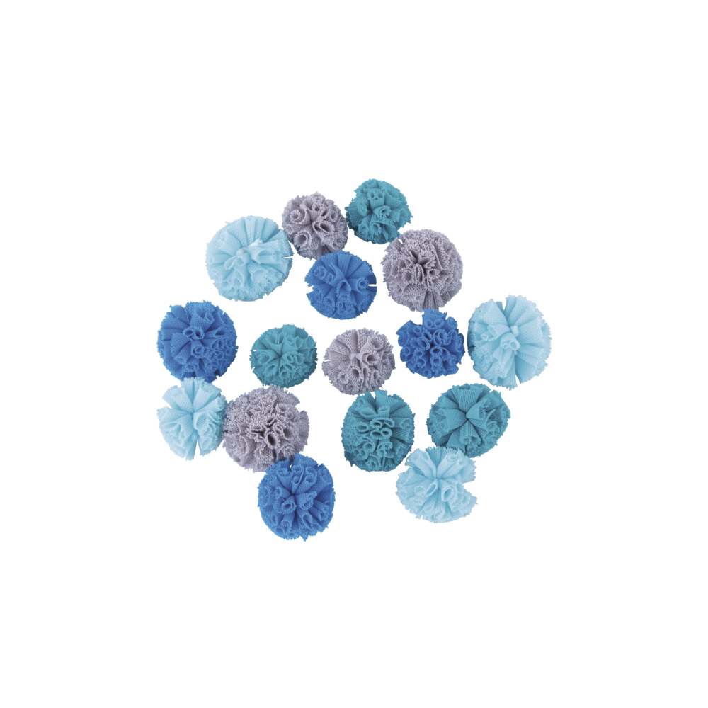 Soft Tüll Pompons sortiert, ø2,5cm+ø3cm, SB-Box 16Stück, blau Töne