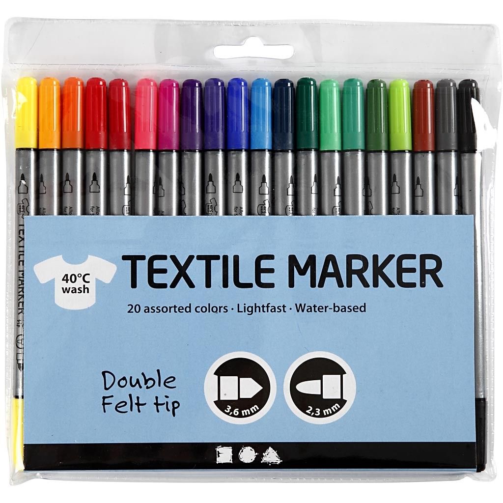 Textil Marker 20er Set, doppelseitig, lichtecht, waschbar, Stoffmalstifte Stoffmarker Textilmarker Textilstifte