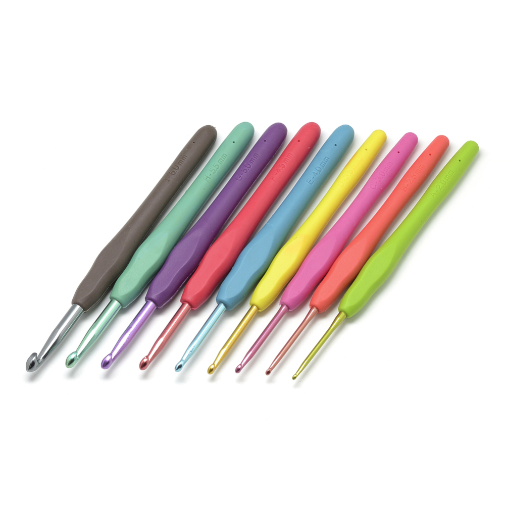 Häkelnadel Set mit Silikongriff – 9 bunte Aluminium Häkelnadeln 2–6 mm – ergonomische Griffe für bequemes Häkeln