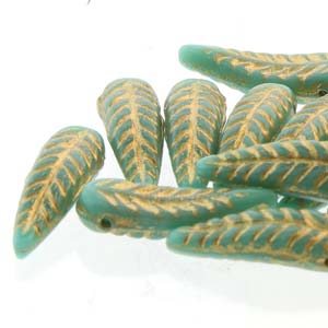 Glasperle Feder turquoise-gold  , 17x5mm 25Stk./Dose Bird Feather Beads