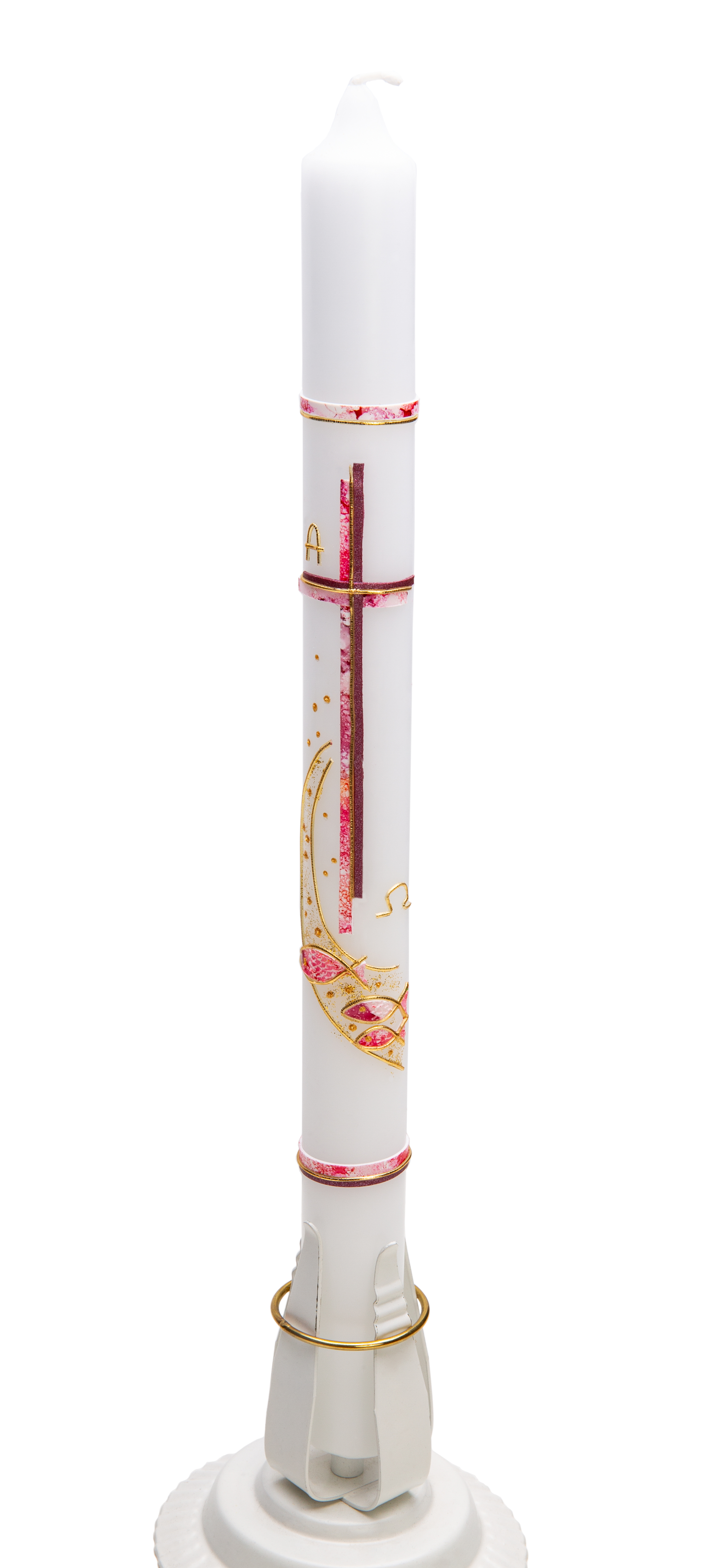 Taufkerze Kreuz und Fische mit Designer-Wachsplatten pink/violett Taufkerze Kreuz und Fische mit Designer-Wachsplatten pink/violett