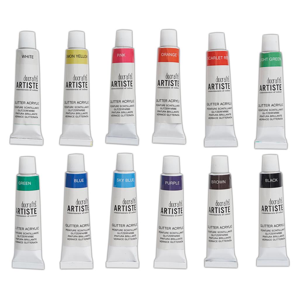 Docrafts Artiste Glitter-Acrylfarben Set 12 Stück á 12ml 