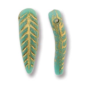 Glasperle Feder turquoise-gold  , 17x5mm 25Stk./Dose Bird Feather Beads