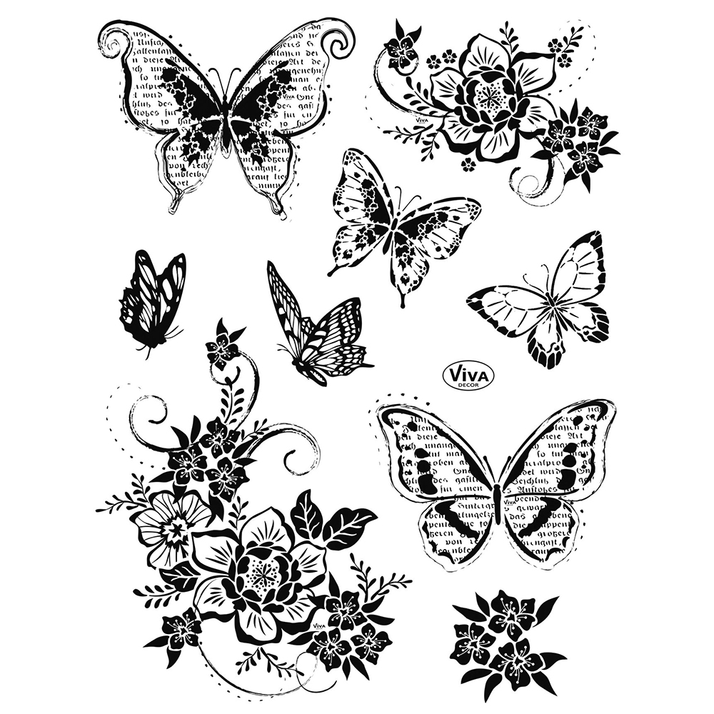 Clear Stamp Stempel-Set Silikonstempel Schmetterlinge und Blumen 13,5x18cm 10 teilig