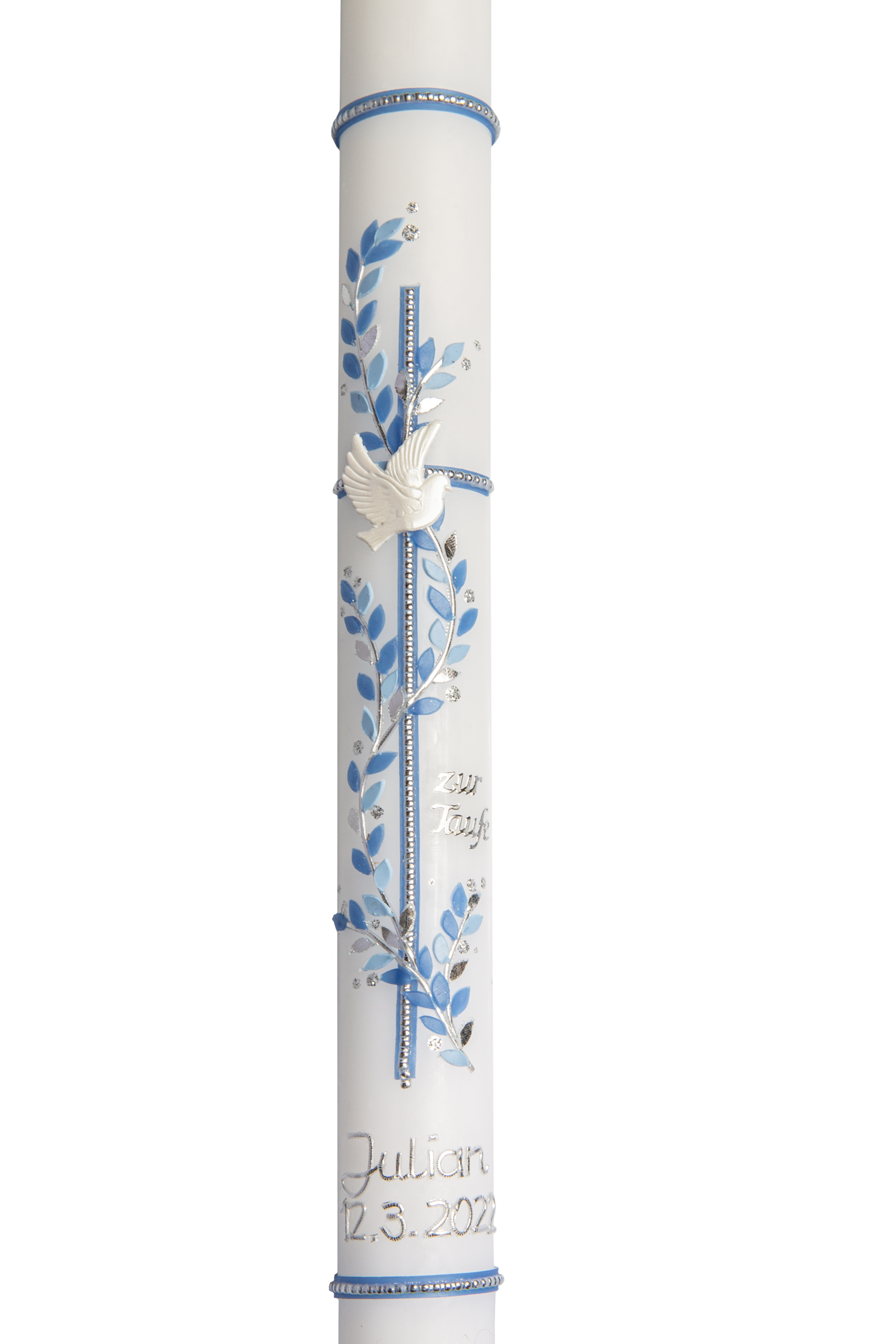 Taufkerze mit Blätterranke Taube und Kreuz hellblau/silber  50x3cm 