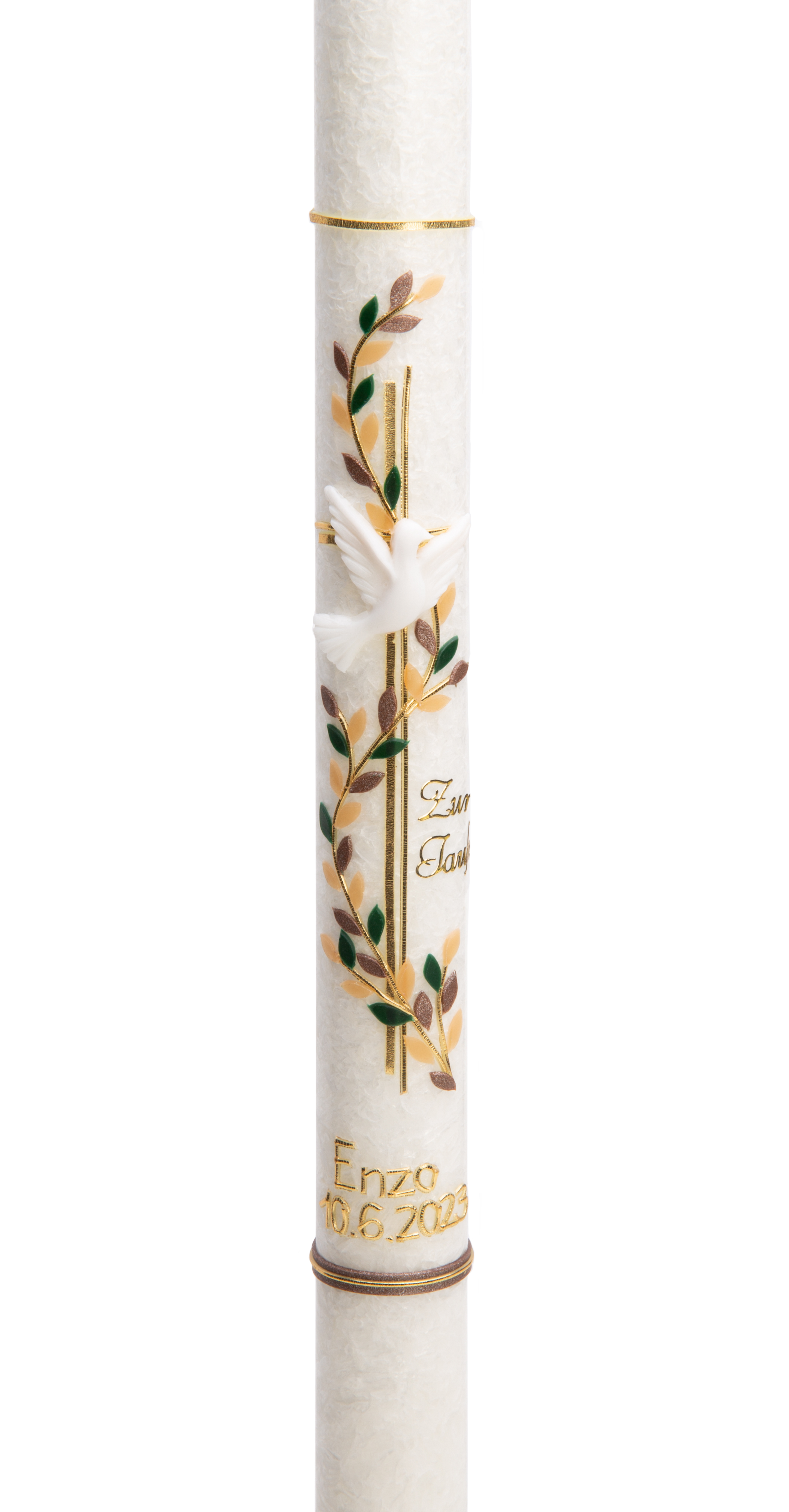 Taufkerze Stearin Blätterranke Kreuz gold beige/grün 40x3cm inkl. Karton Taufkerze Stearin Blätterranke Kreuz gold beige/grün 40x3cm inkl. Karton