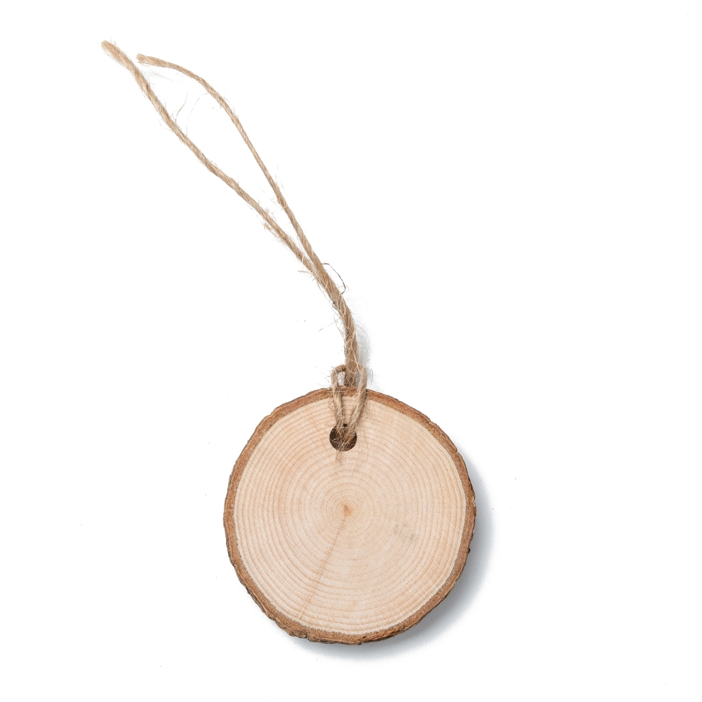 Holzscheiben natur 8-9cm, 5 Stück/Pkg. , Dicke 8mm, Lochbohrung 5mm