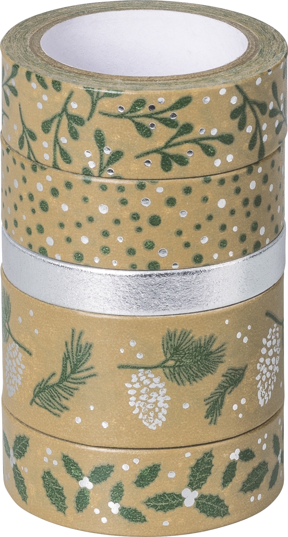 Dekoklebeband Washi Tape Natur grün/silber 5 Rollen 