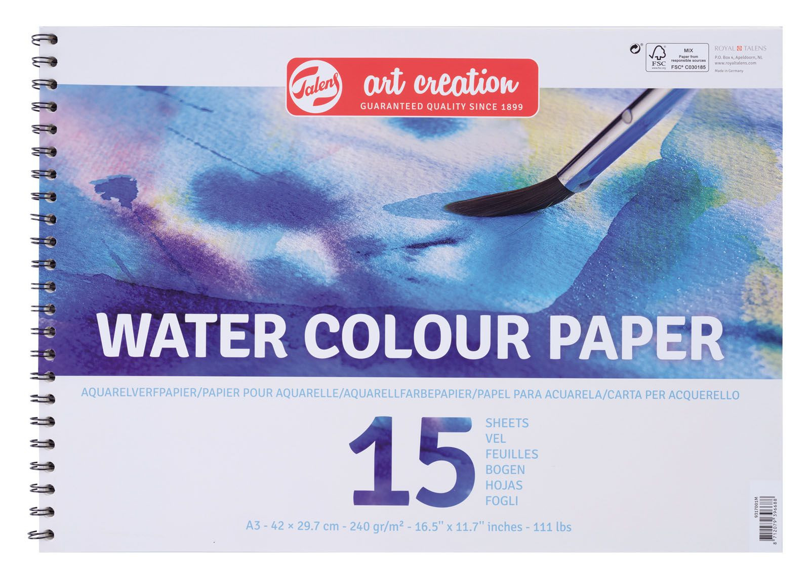 Talens  Art Creation Aquarellpapier Wasserfarbenblock A3 250g 15 Blatt