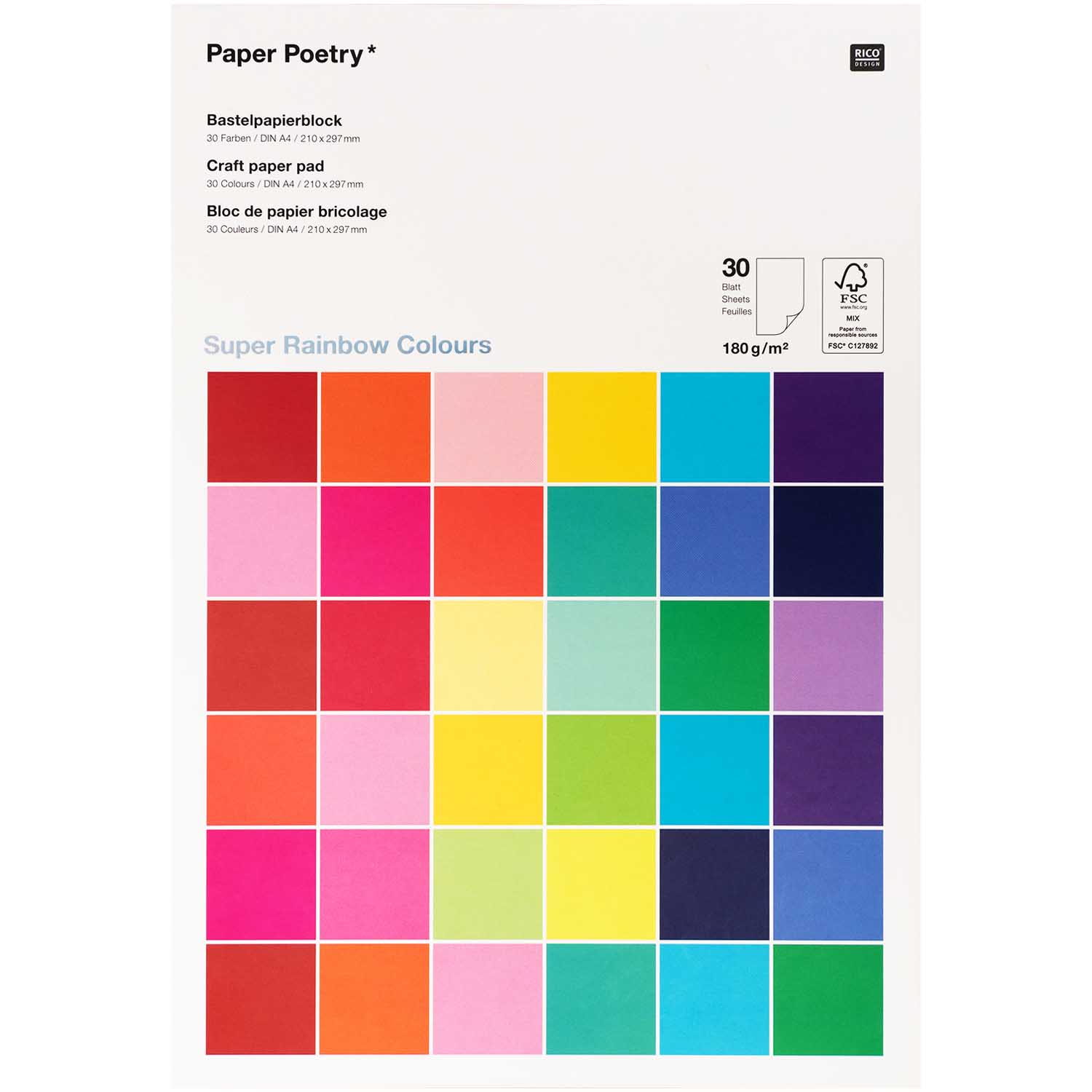 Bastelblock 180g Super Rainbow Colours FSC MIX 30 Blatt DIN A4 210x297mm
