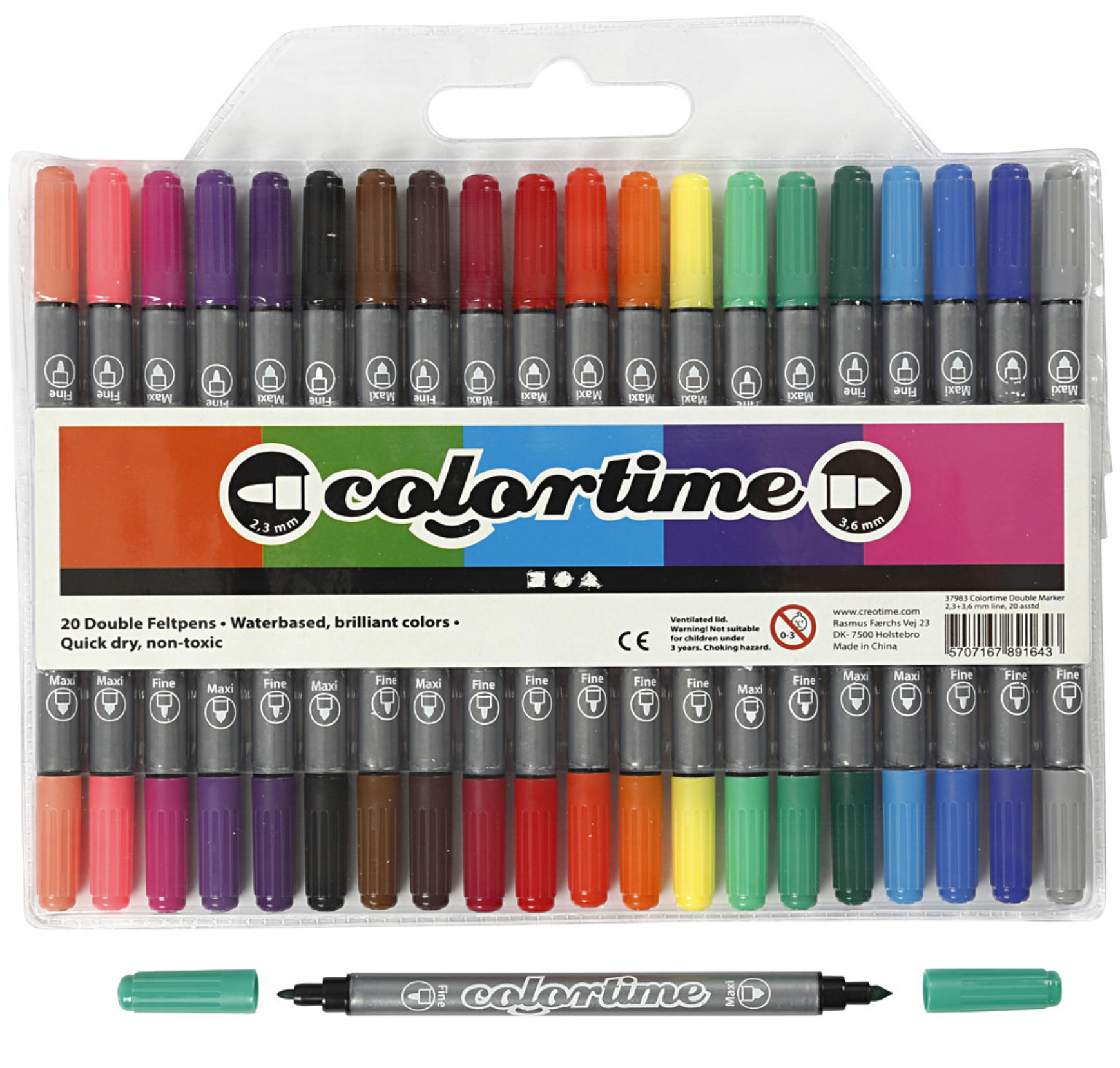 Colortime Double Feltpens Filzstifte wasserbasierend 20 Stück 