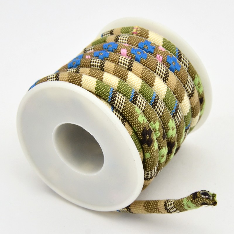 Ethnic Band Textil 6 mm, beige-grün, per Meter