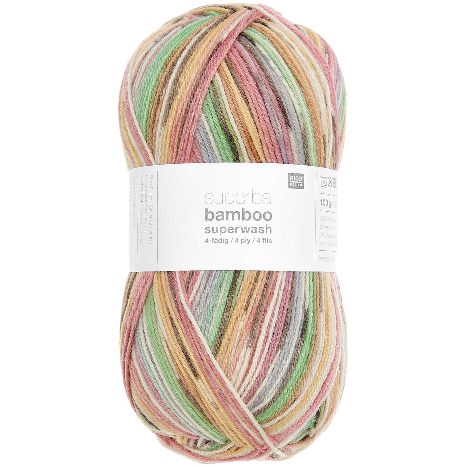 Socks Bamboo 4-fädig Rainbow 50% Schurwolle, 25% Polyamid, 25% Viskos 100g / 420m Socks Bamboo 4-fädig Rainbow 50% Schurwolle, 25% Polyamid, 25% Viskos 100g / 420m