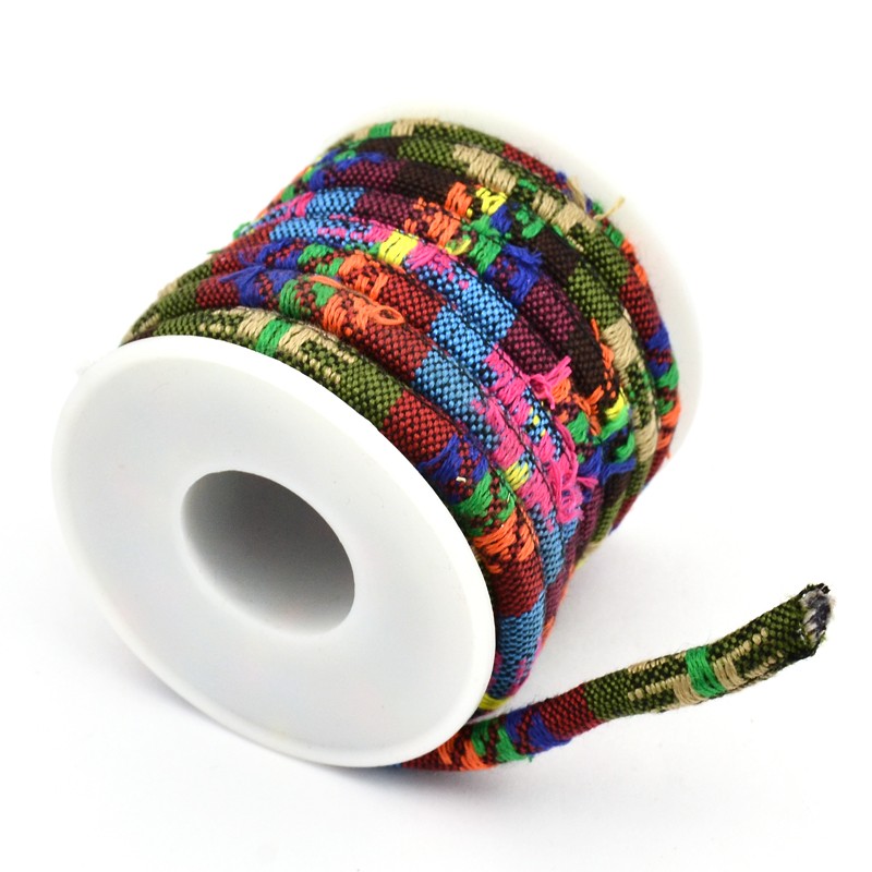 Ethnic Band Textil 6 mm, bunt fransig, per Meter