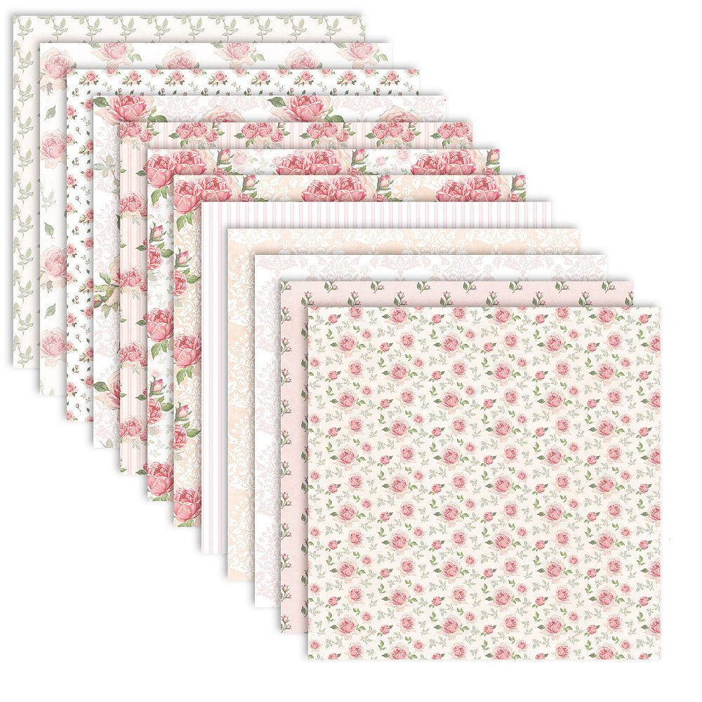 Scrapbooking Papier Set Rosen rosarot 12 Blatt 153x153mm