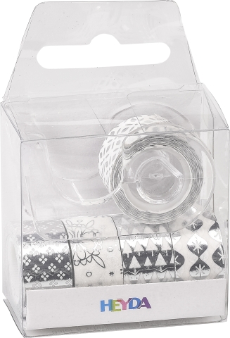 Deko Tape Mini Set silber, 12mm, 5 Stk. x 3m sortiert, Washi Tape, Papierklebeband, Klebeband