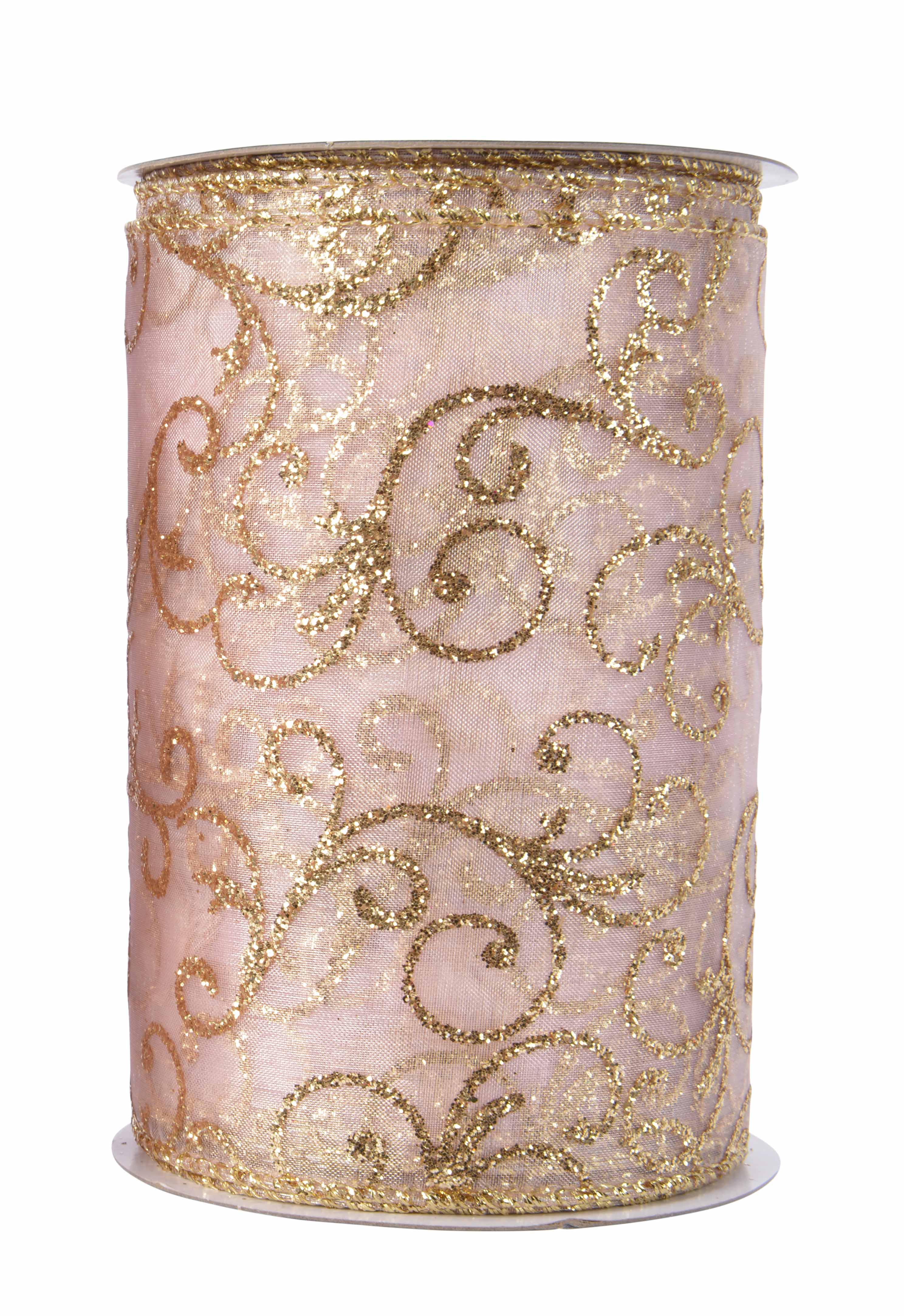 Organzaband rosa mit Drahtkante Ornamente gold Glitter 12,7x270cm