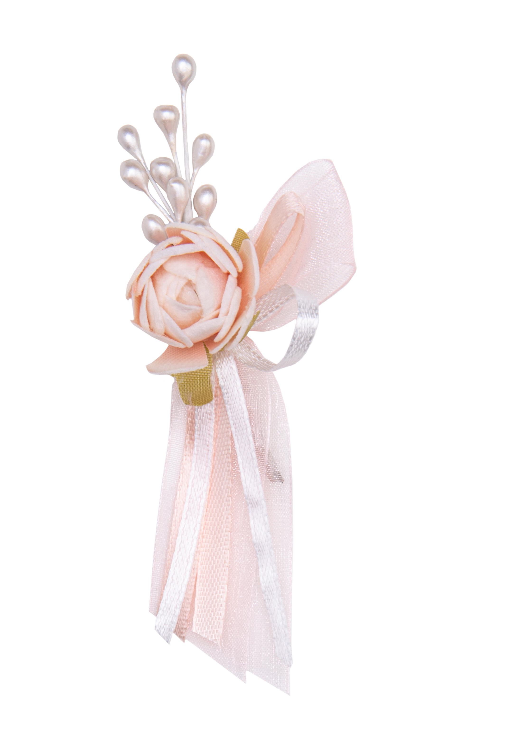 Gästeanstecker für Hochzeiten Rose mit Schleife light peach 11x5cm