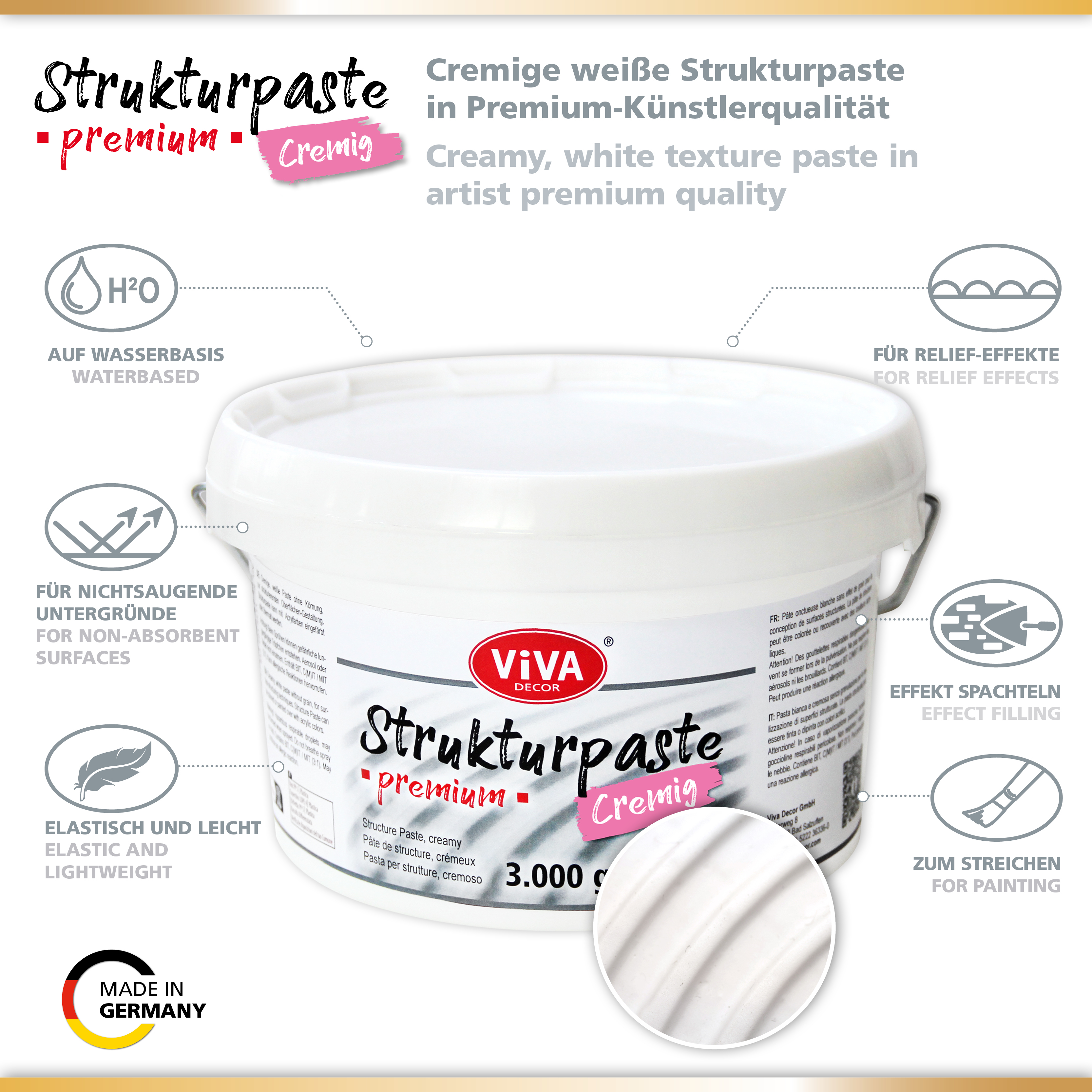 Viva Decor® Strukturpaste PREMIUM cremig (3000g, Weiß) stoßfeste Impasto Paste Künstlerqualität matt 