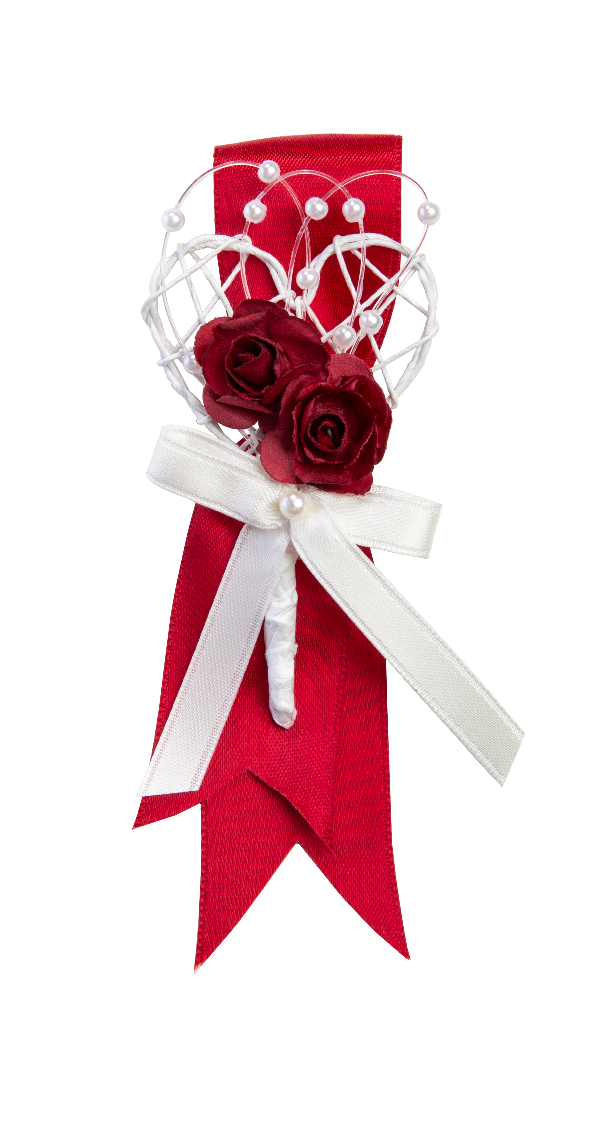Gästeanstecker Rebenherz weiß mit roten Rosen, inkl Anstecknadel