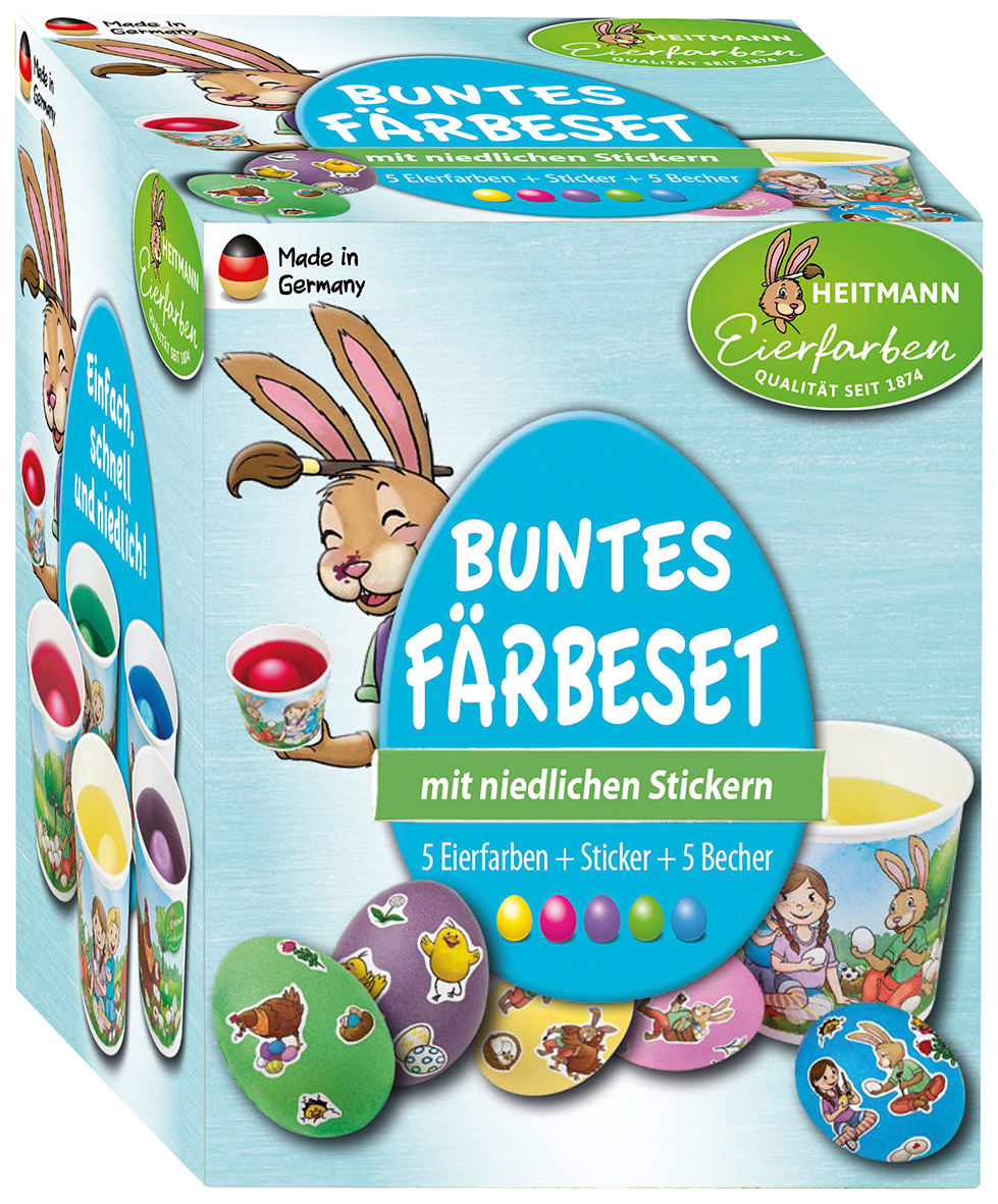 Heitmann Buntes Färbeset Eierfarben + niedliche Sticker + 5 Becher