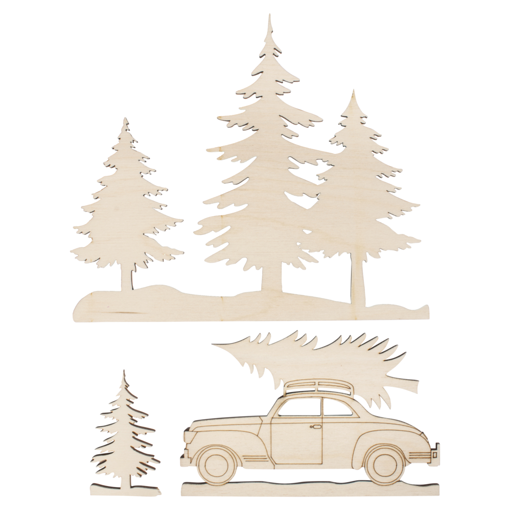Holzmotive Bäume und Auto 20x17,5cm 3 teilig