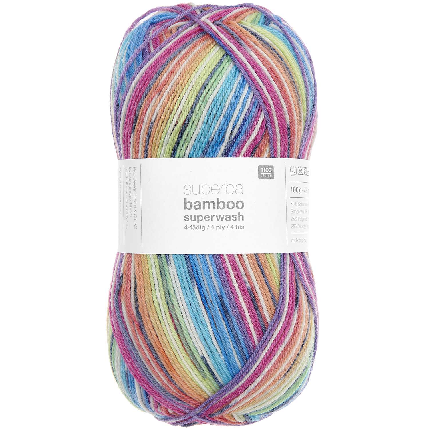 Socks Bamboo 4-fädig Rainbow 50% Schurwolle, 25% Polyamid, 25% Viskos 100g / 420m Socks Bamboo 4-fädig Rainbow 50% Schurwolle, 25% Polyamid, 25% Viskos 100g / 420m