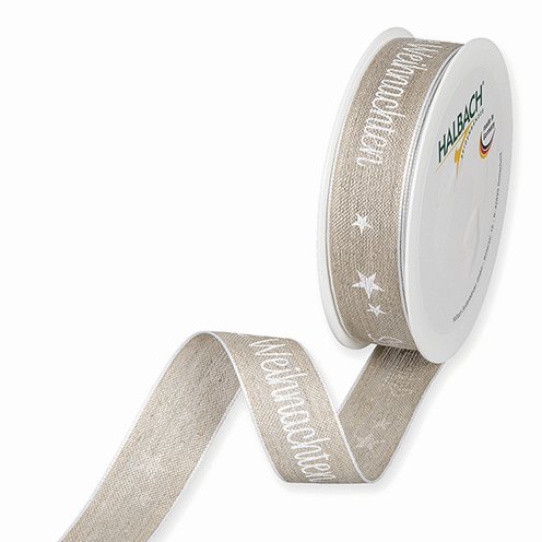 Schmuckband mit Draht natur Schöne Weihnachten, 25mm, 1 Rolle/15m