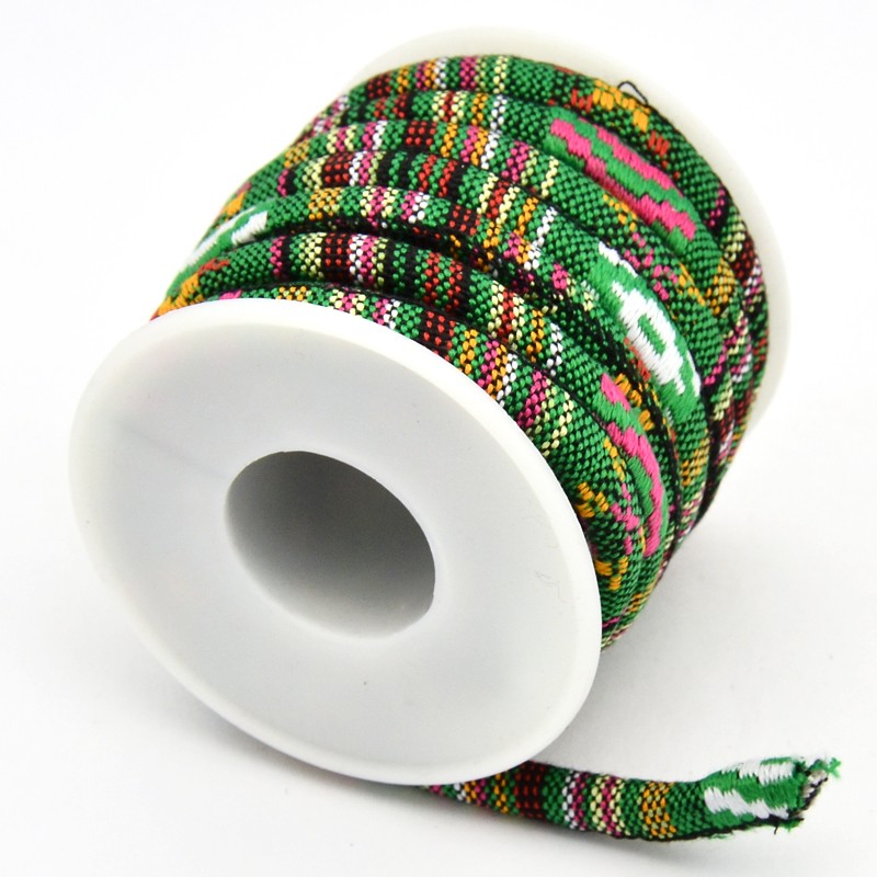 Ethnik  Band Textil 6 mm, grün-bunt, per Meter