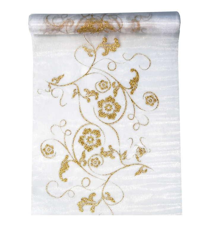 Tischband Printed Organza Muster Blumen gold weiß 0,36x9m