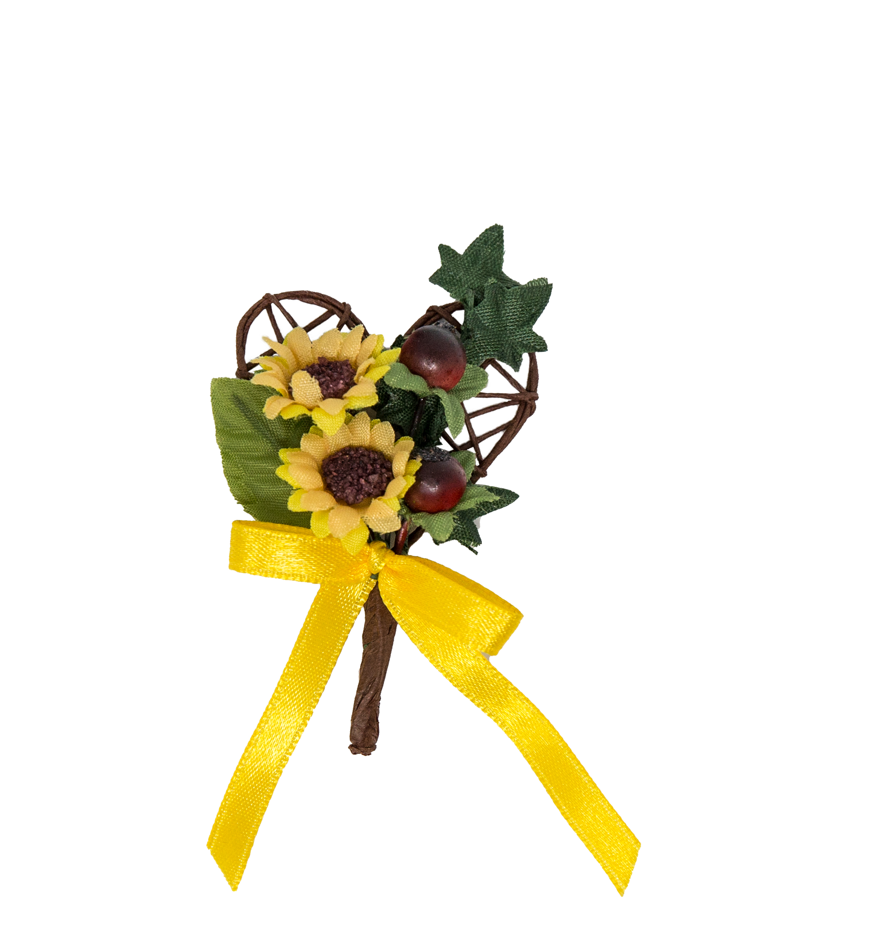 Anstecker Sonnenblumen auf Rebenherz schleife gelb Efeu, mit Anstecknadel,  per Stück
