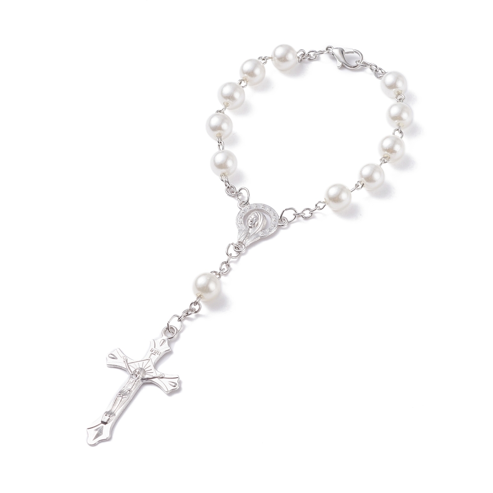 Mini-Rosenkranz Jungfrau Maria Kruzifix Kreuz 18,9cm silber/weiß Mini-Rosenkranz Jungfrau Maria Kruzifix Kreuz 18,9cm silber/weiß