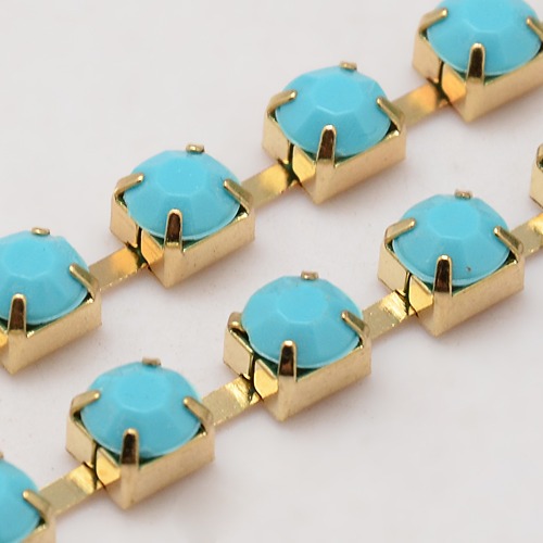 Strass-Kette türkis opal, goldfärbig 6x5mm, per Laufmeter