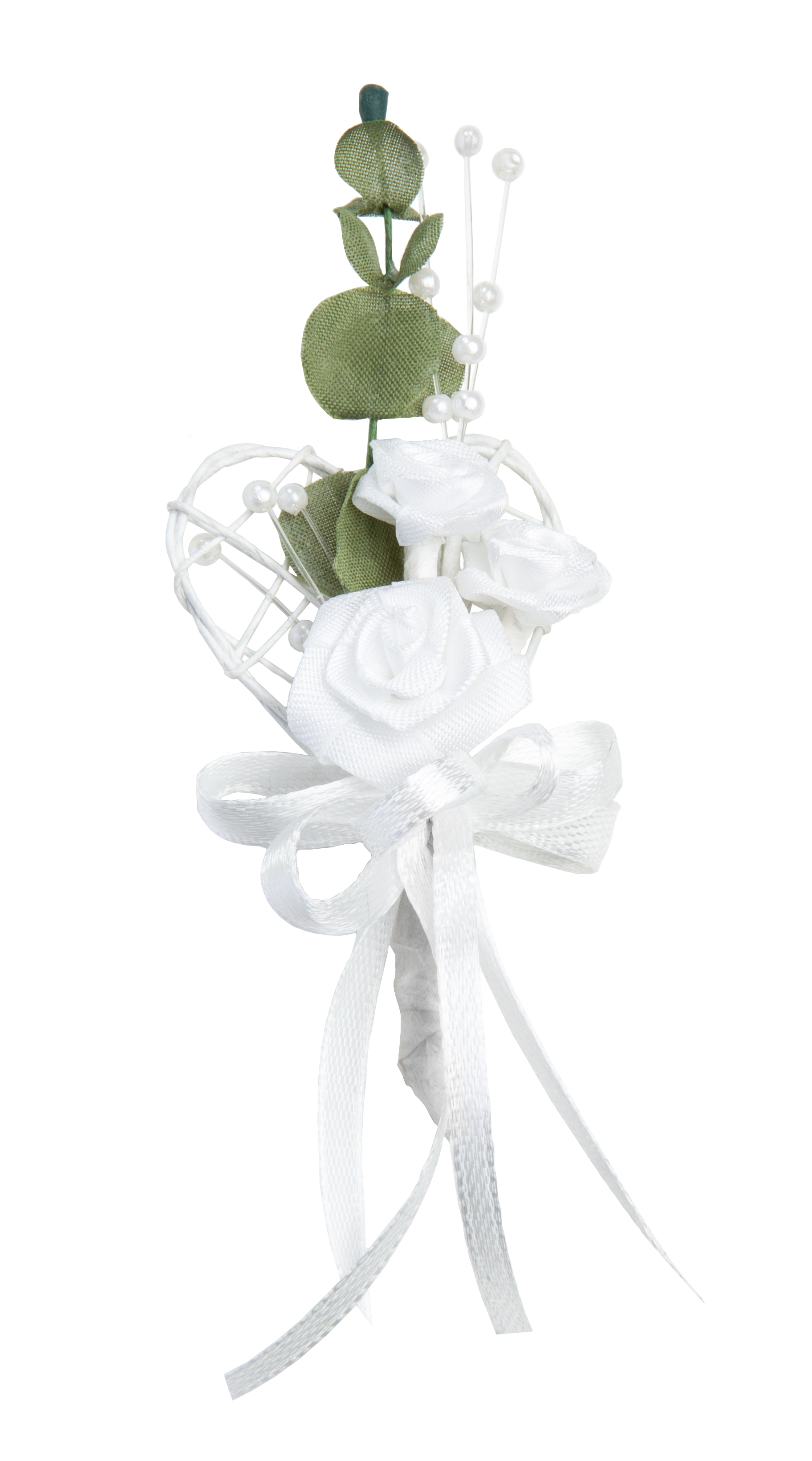 Gästeanstecker Rebenherz weiß mit Rosen und Eukalyptus inkl. Anstecknadel