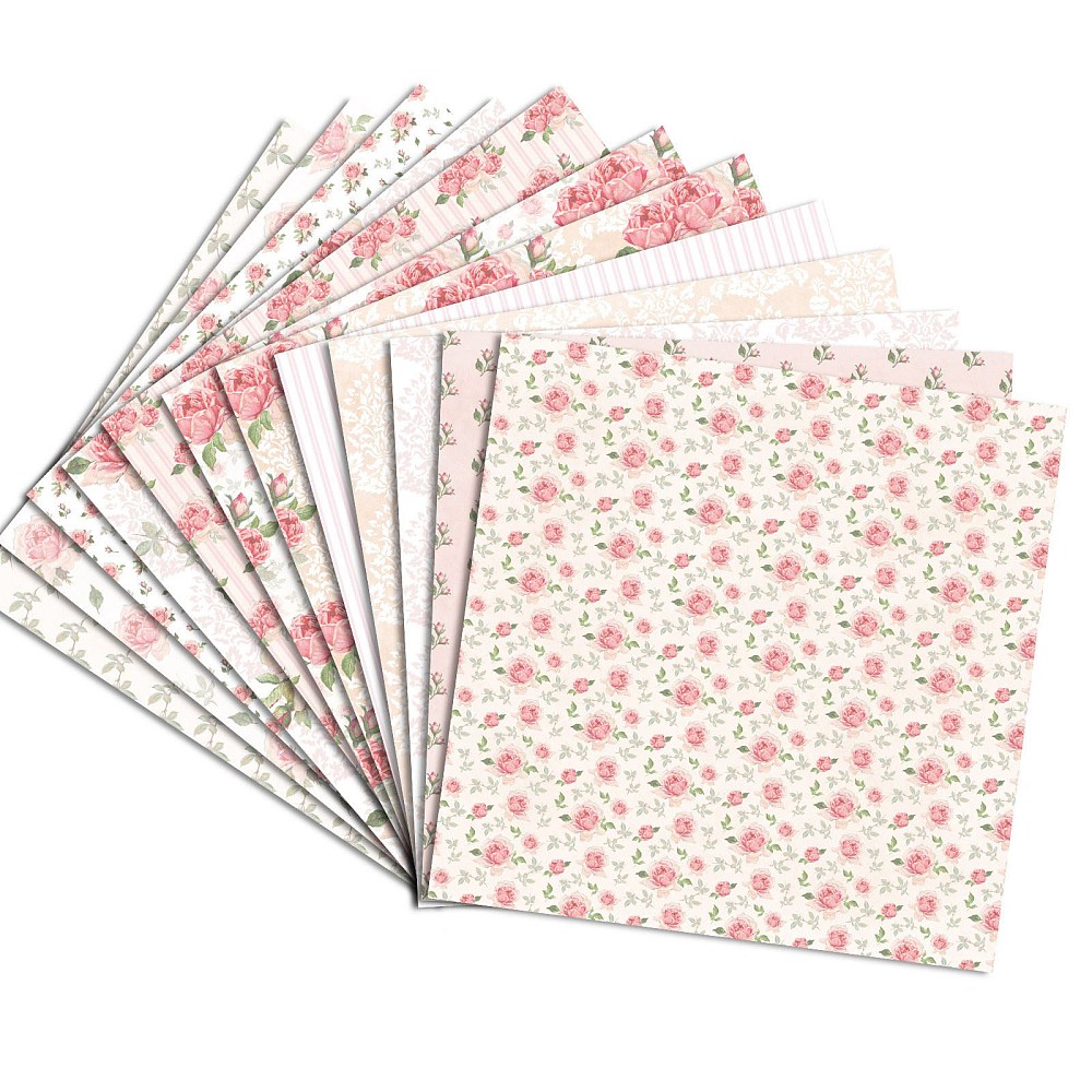 Scrapbooking Papier Set Rosen rosarot 12 Blatt 153x153mm