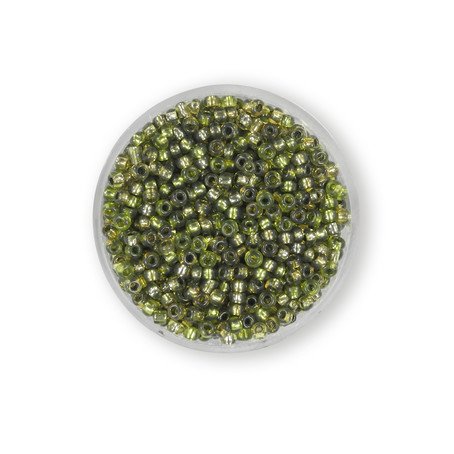Rocailles khaki m. Silbereinzug, 2,6mm, 17g/Dose Glasperlen