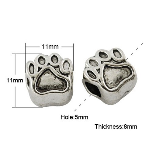 Großlochperle metall, Pfote, 11x8mm, antiksilber, per Stück