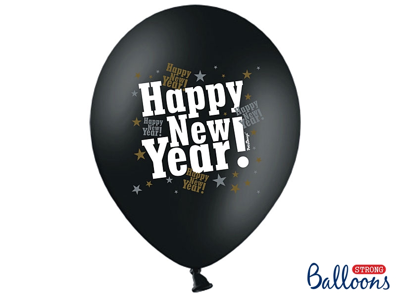 Luftballone 30 cm, schwarz, Happy New Year, 5 Stück