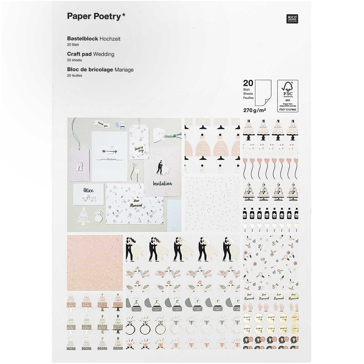 Bastelblock Hochzeit 20 Blatt FSC 