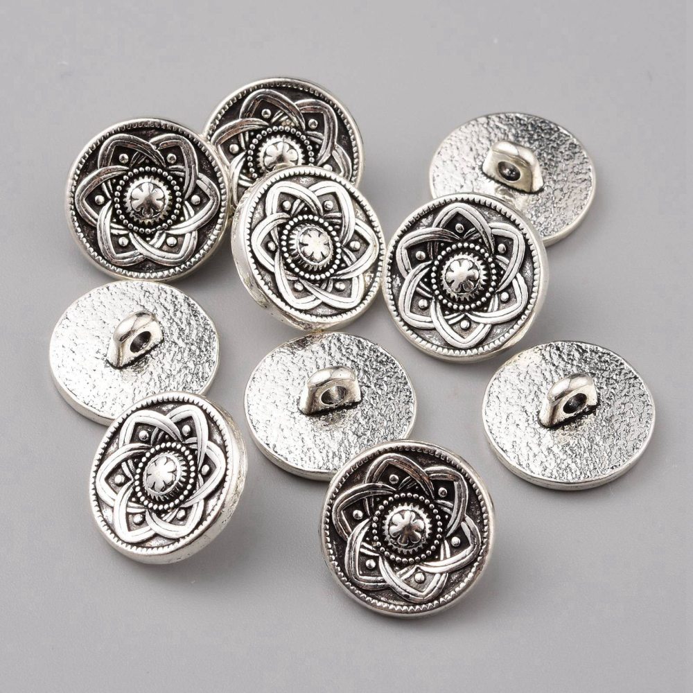 Metallknopf silberfarben mit Mandala Blütenornament 15mm mit Öse 1 Stück