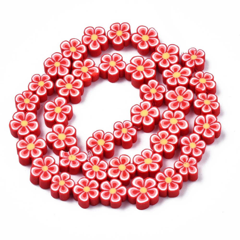 Blumenperlen aus Polymerclay ROT 7,5~10x7~11x3,5~5mm 38 Stück / Strang 