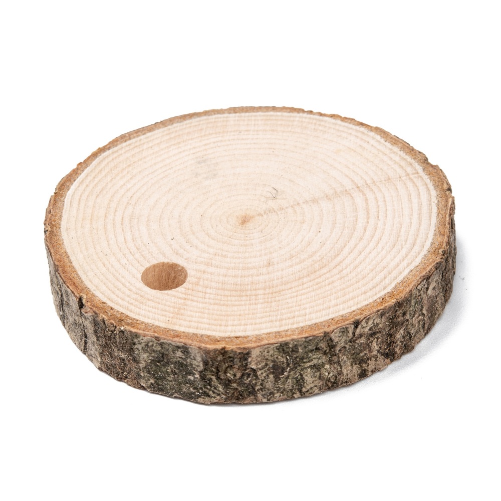 Holzscheiben natur 8-9cm, 5 Stück/Pkg. , Dicke 8mm, Lochbohrung 5mm