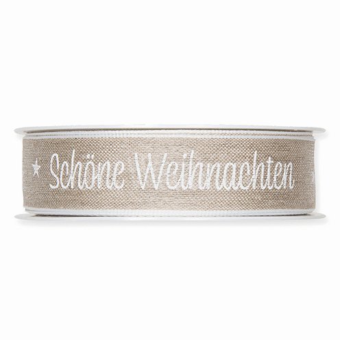 Schmuckband mit Draht natur Schöne Weihnachten, 25mm, 1 Rolle/15m