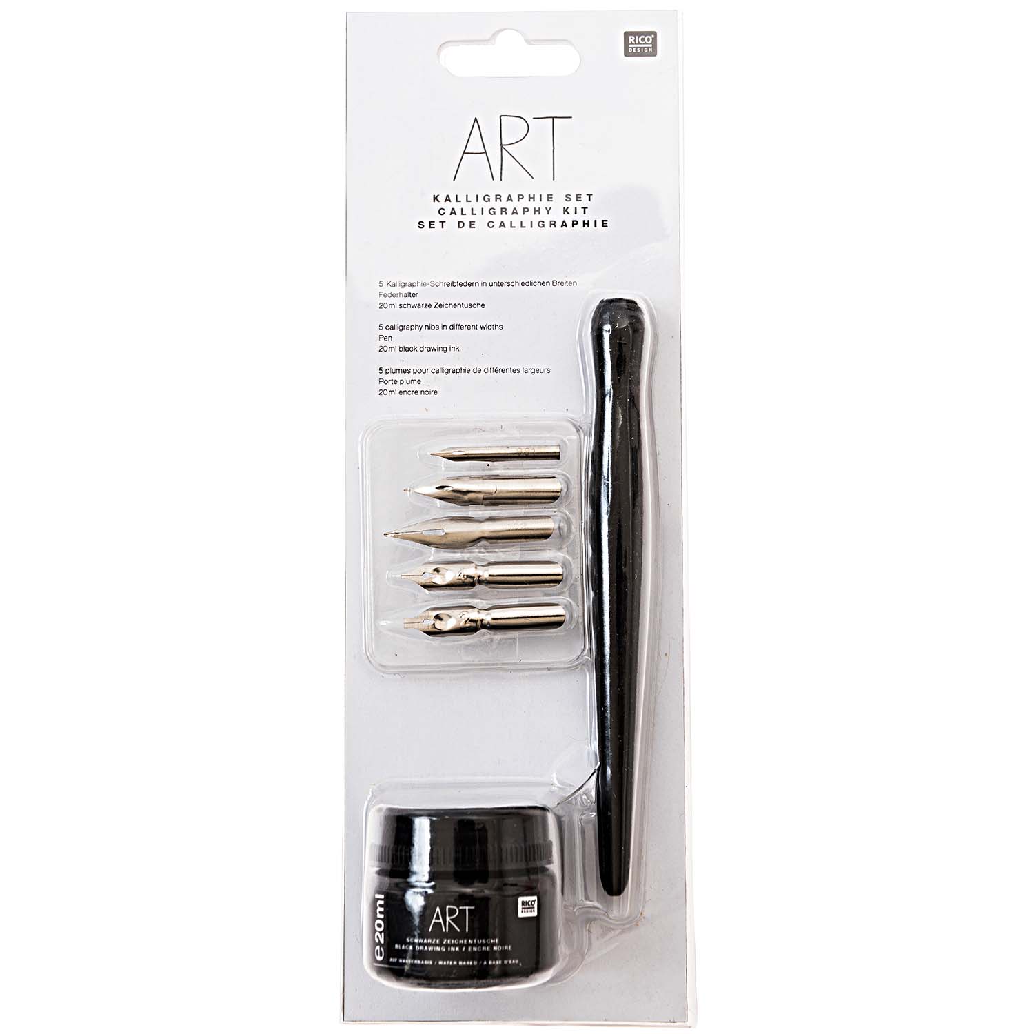 Rico Kalligraphie Set, 5 Federn + Halter und 20 ml schwarze Zeichentusche